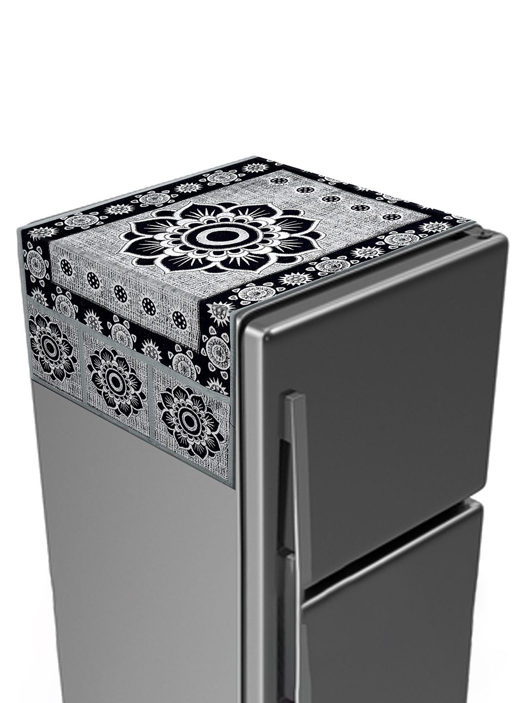 Kuber Industries Black Rangoli Print Cotton Fridge Top Cover With 6 Utility Side Pockets