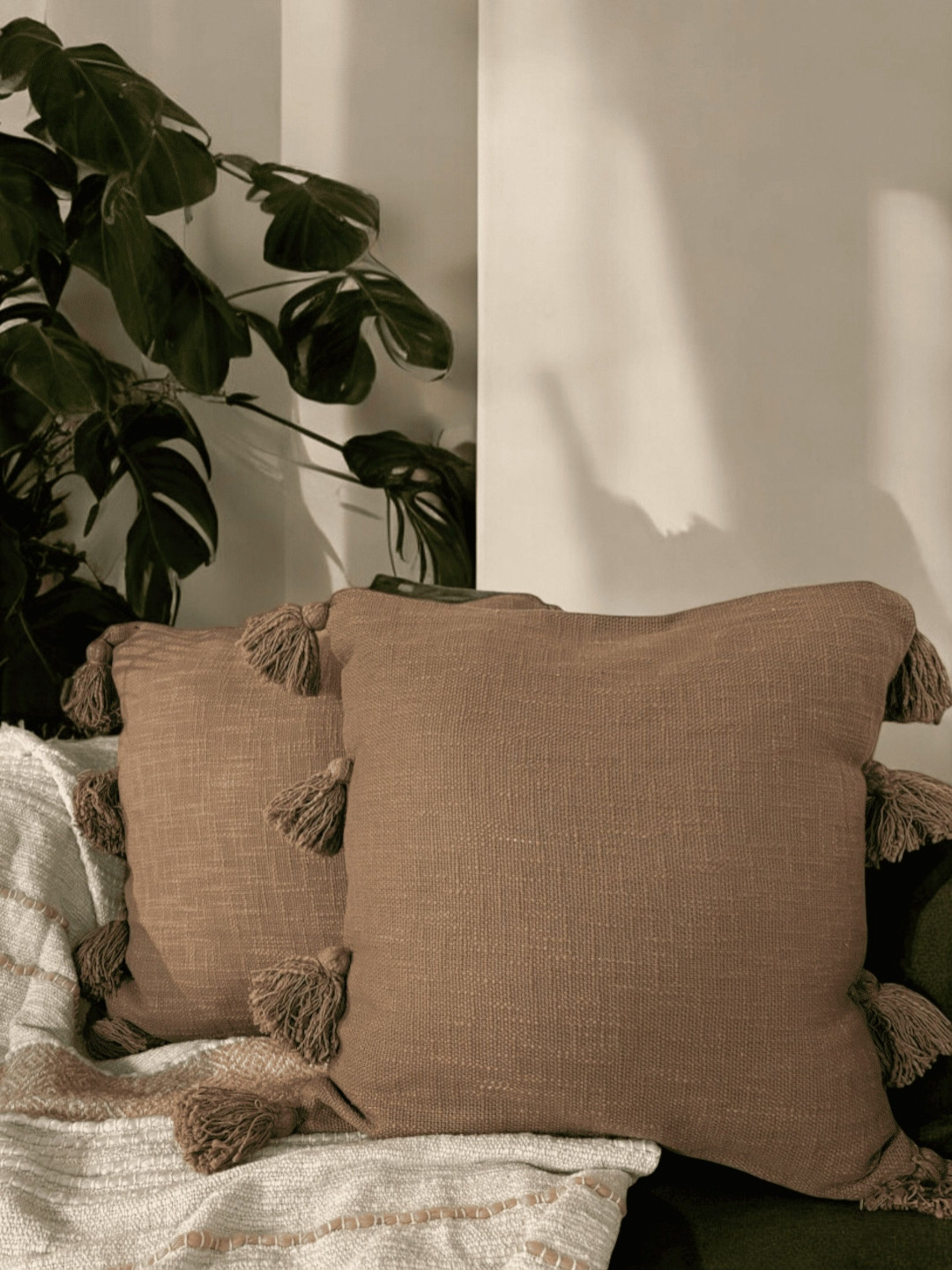 LUSHLYF Rustic Charm Tassel Tufted Cotton 2 Pcs Square Cushion Covers - 17.7 x 17.7 In