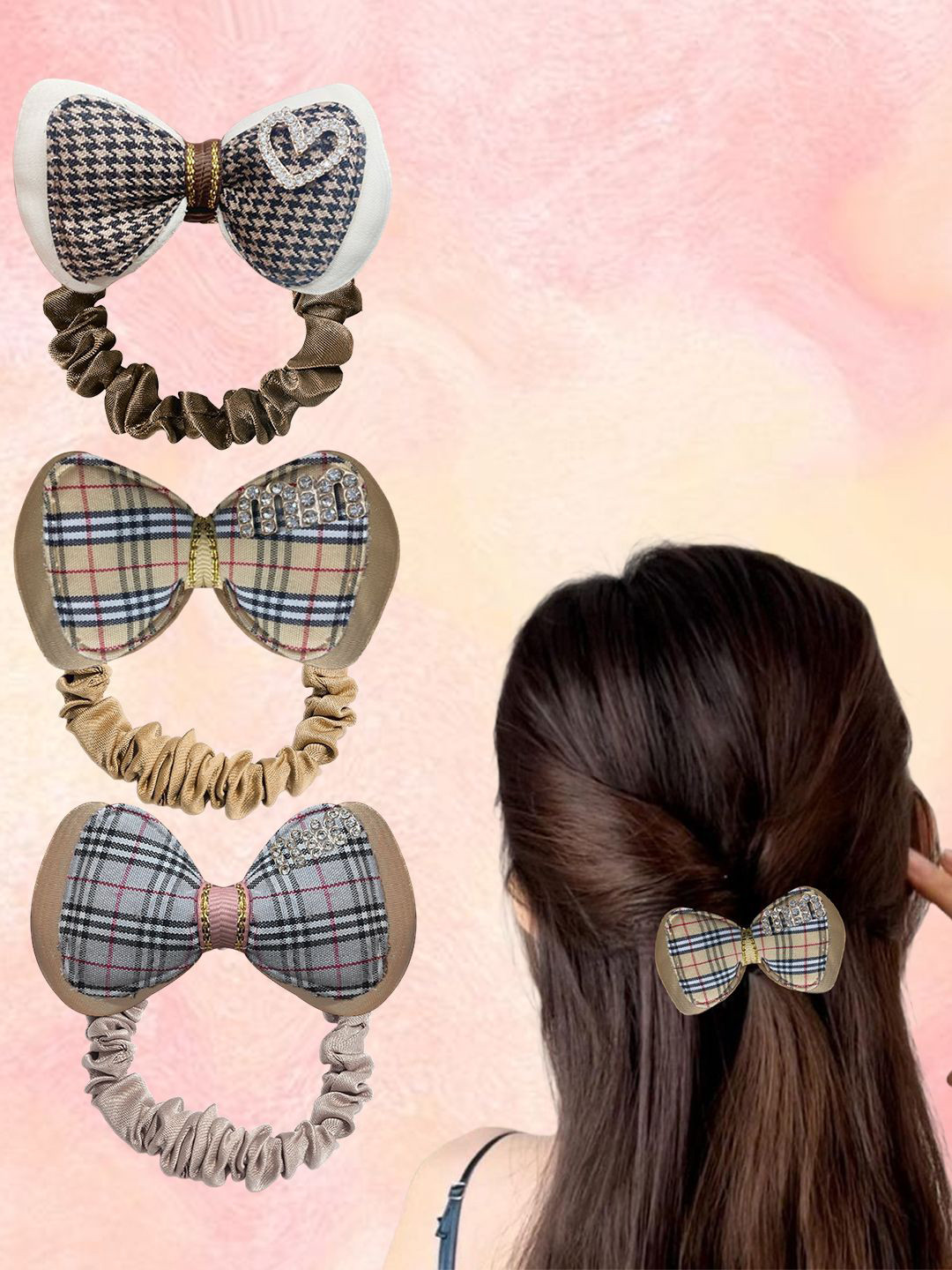 Majestique Set of 3 Brown Burberry Print Hair  Ponytail Rubber Band Scrunchies