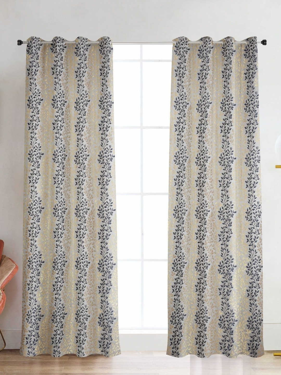 Galaxy Home Decor Grey & Blue 2 Pieces Floral Printed Room Darkening Long Door Curtains