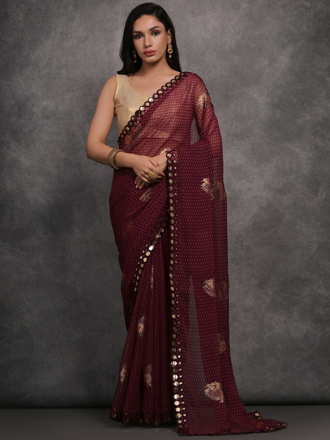 LeeliPeeri Designer Foil Printed Mirror Work Saree