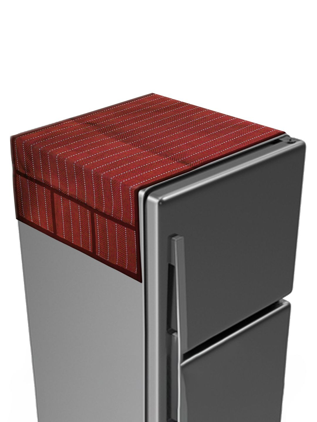 Kuber Industries Maroon Lining Print Jute Fridge Top Cover With 6 Utility Side Pockets
