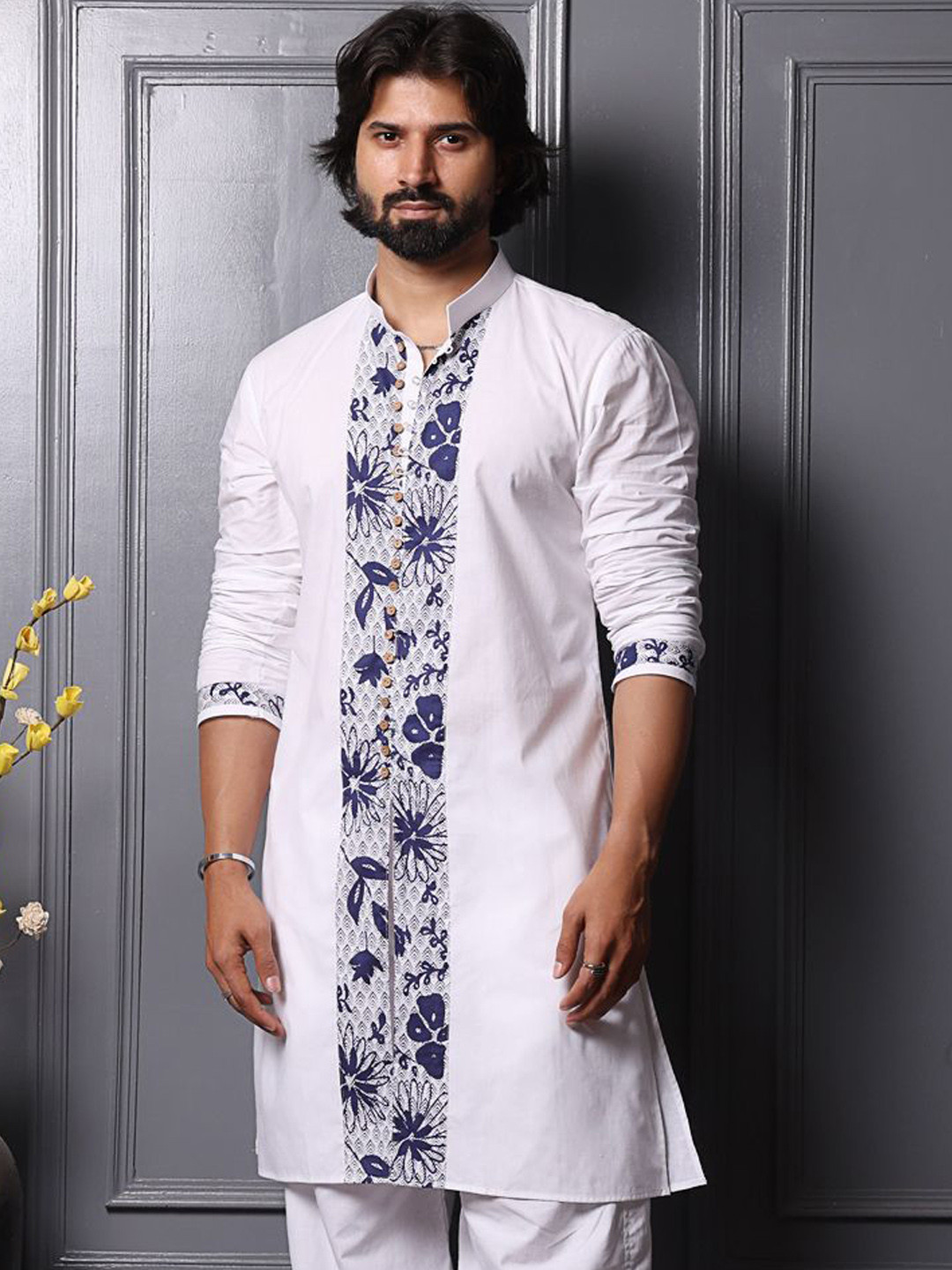 MIDAV Men Thread Work White Romance Pathani Kurta