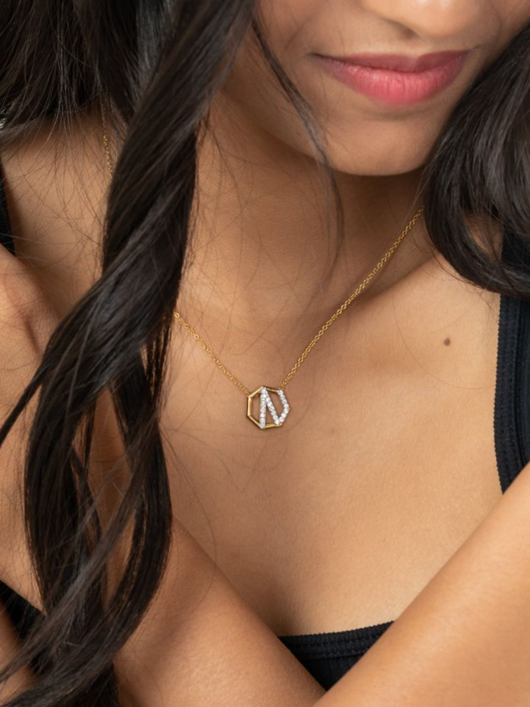 HOUSE OF SEVEN Unisex Brass Gold-Plated Cubic Zirconia Studded Minimal Chain