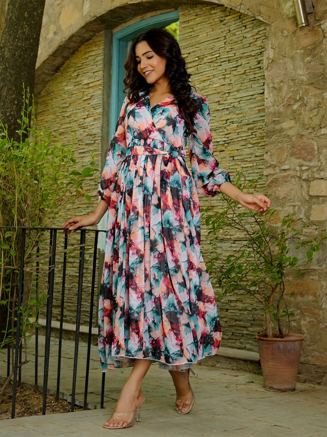 NOUN Women Abstract Printed Fit & Flare Maxi Dress