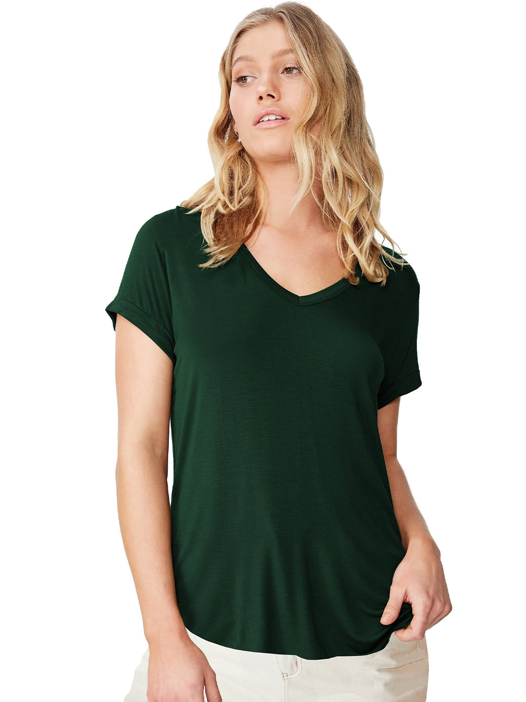 FABRICORN Women Solid V-Neck short Sleeves Regular Top