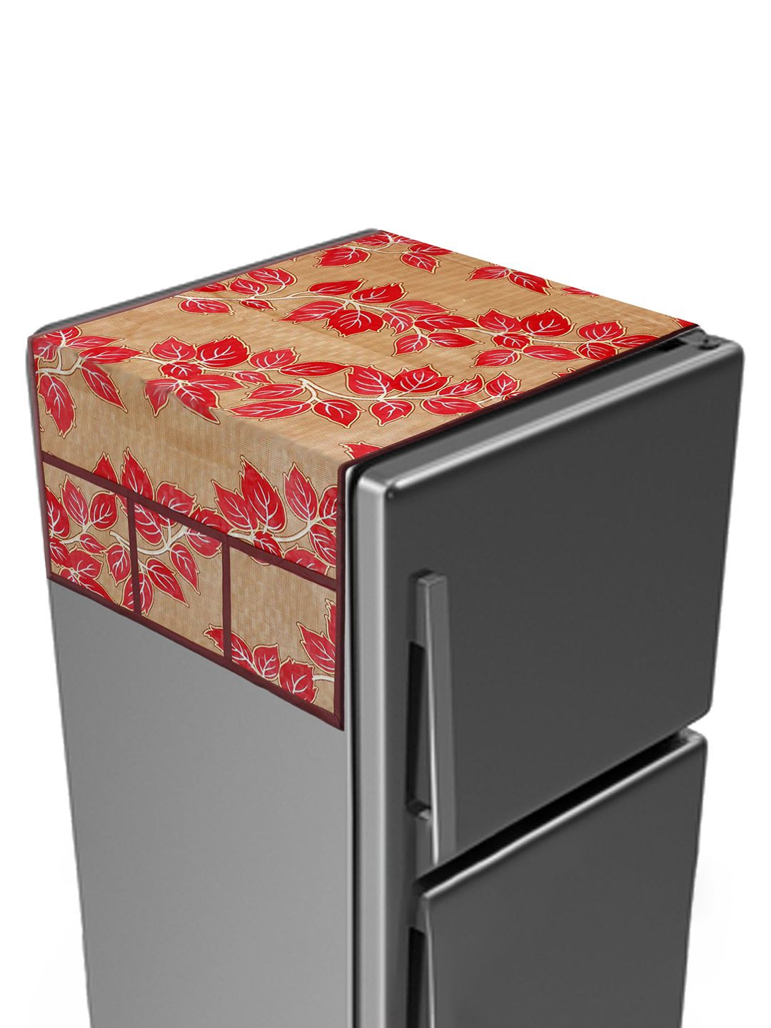 Kuber Industries Red & Beige Leaf Print PVC Fridge Top Cover With 6 Utility Side Pockets