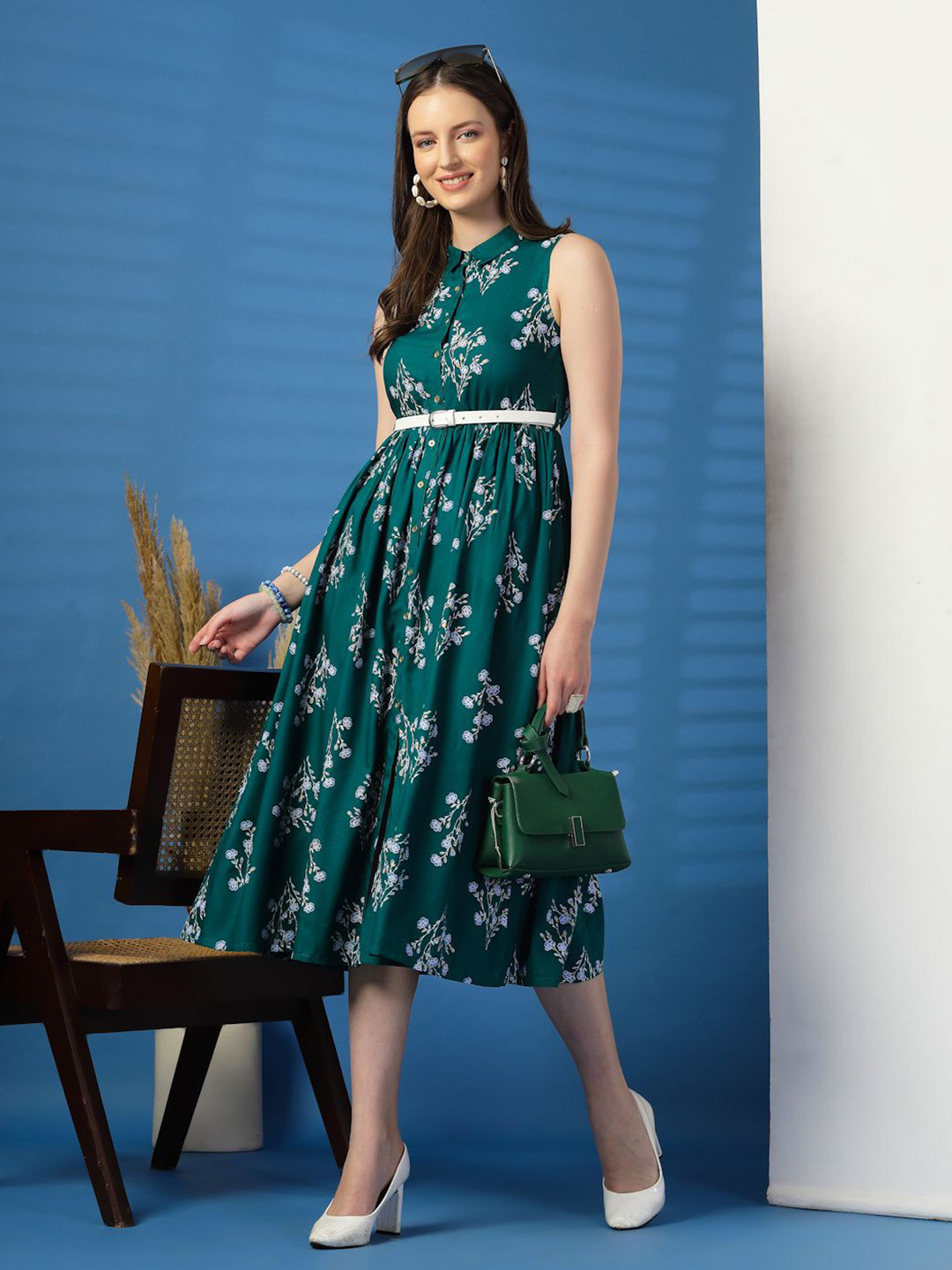 Ramas Women Floral Printed Shirt Collar Sleeveless Midi Fit & Flare Dress
