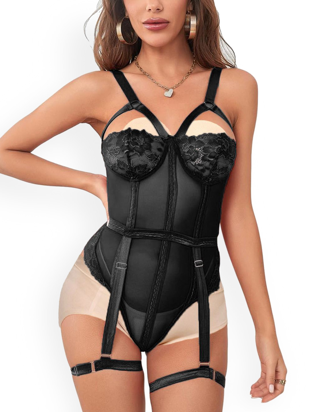 Krelin Net Self Design Shoulder Straps Neck Baby Doll with Garter Belt