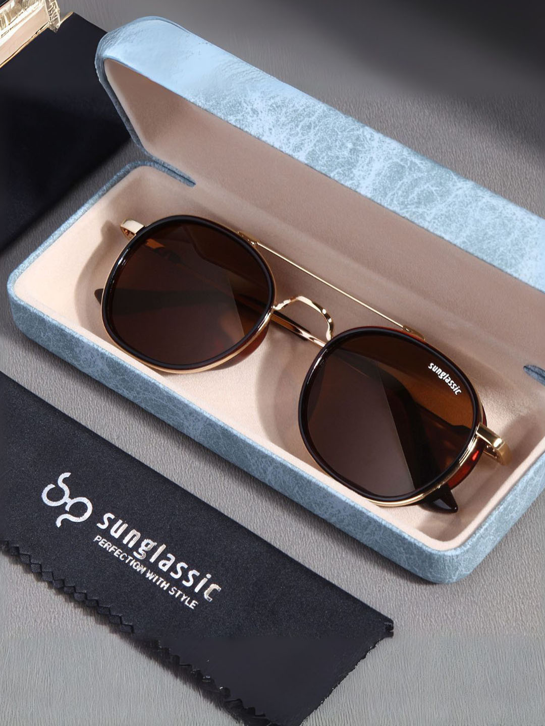 SUNGLASSIC Unisex Polarized Metal Frame Round Sunglasses SG461-GOLD-BROWN