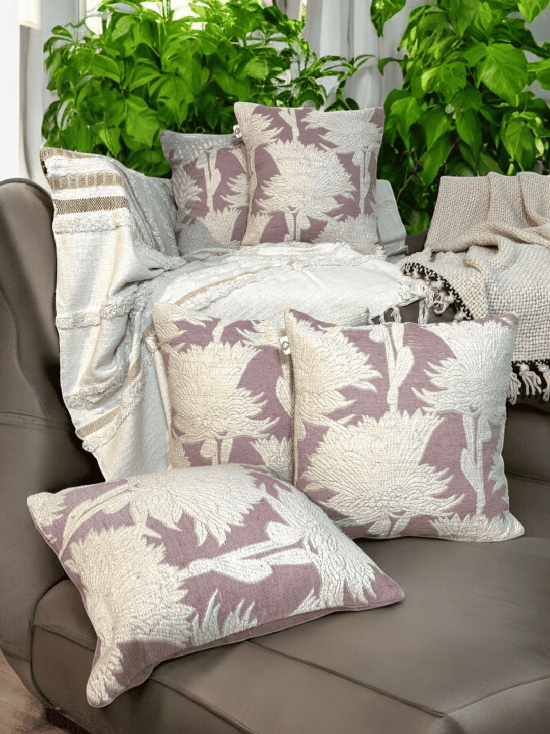 LUSHLYF Tufted Floral Cotton 5 Pcs Textured Square Cushion Covers - 17.7 x 17.7 In