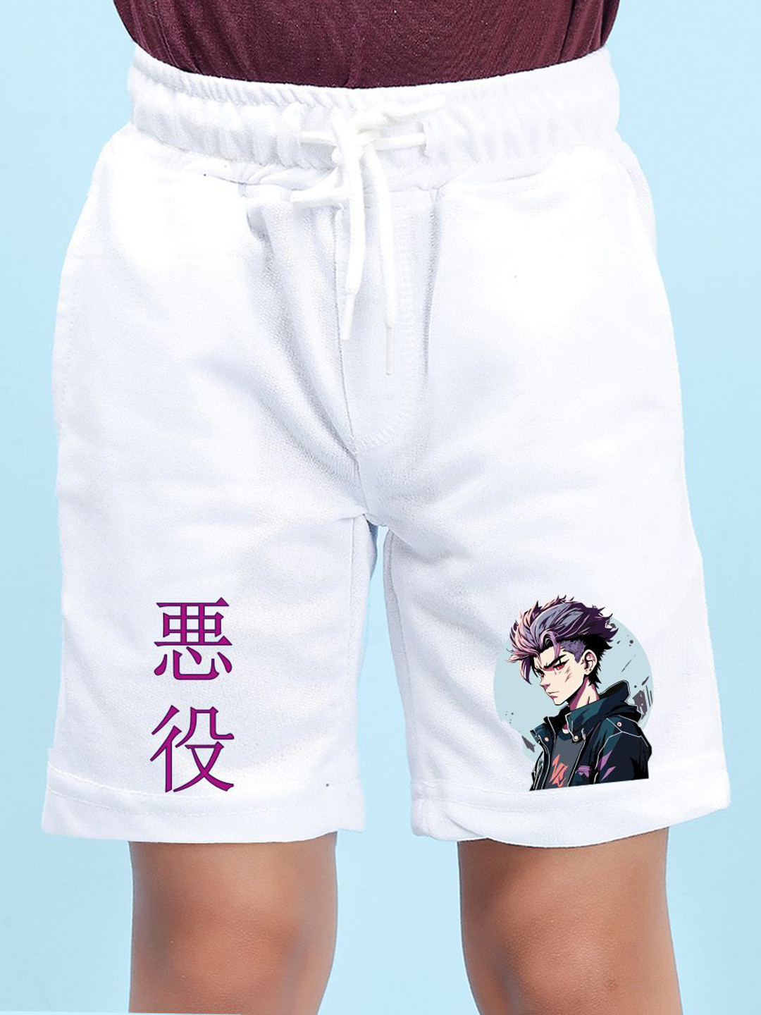 Nusyl Boys White Jujutsu Kaisen Printed Regular Fit Mid-Rise Shorts