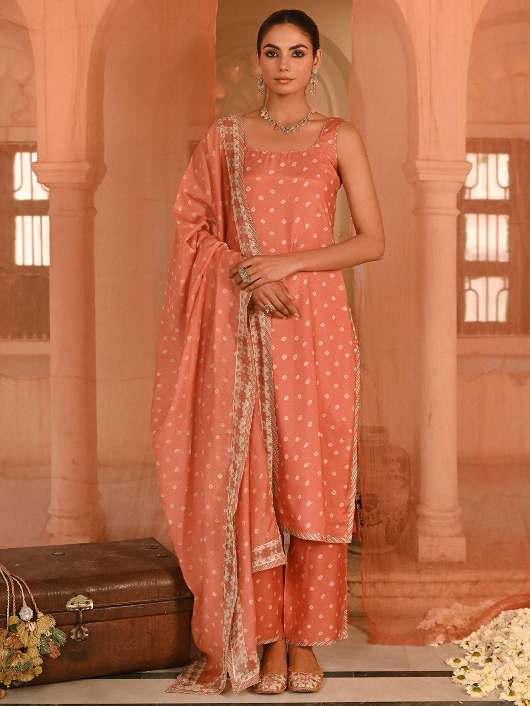 Baise Gaba Bandhani Printed Sleeveless Square Neck Straight Kurta With Trousers & Dupatta
