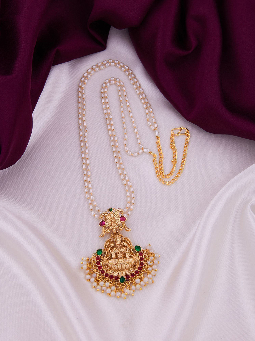 Rangrozo Jewellery Gold-Plated Stone-Studded & Beaded Lakshmi Goddess Necklace