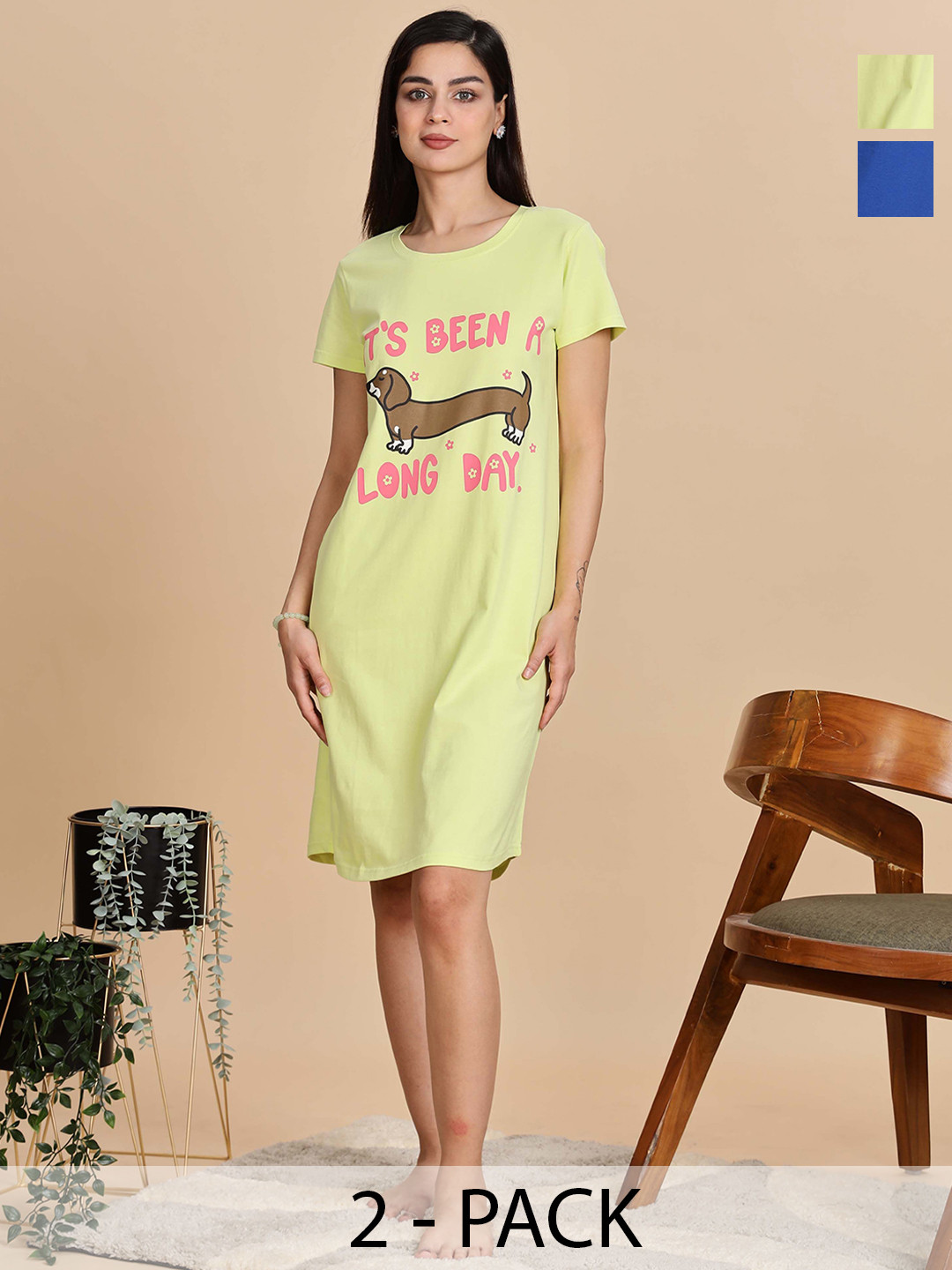 9shines Label Women Pack of 2 Printed T-shirt Nightdress