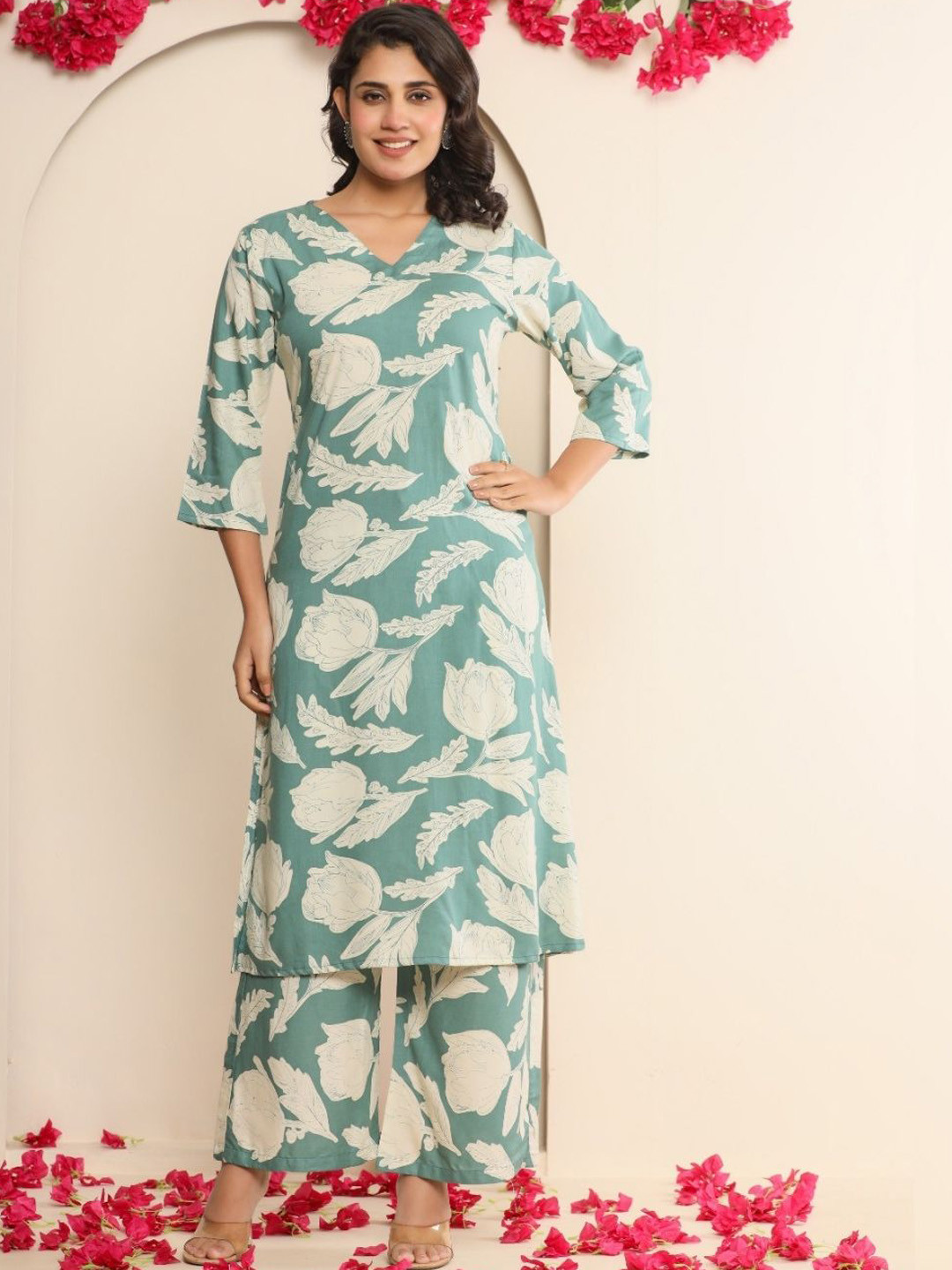 Atha Fashion Aasmani Leher Floral Printed Pure Cotton Kurta With Palazzos