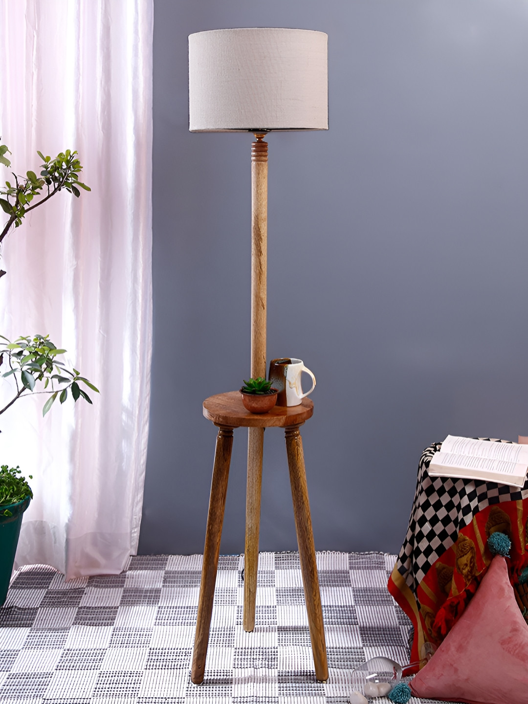 Devansh White And Brown Jute Drum Wooden floor Lamp