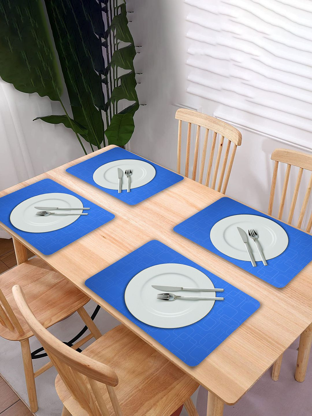 Kuber Industries 6-Pcs Blue Square Design Rectangle Anti-Slip Table Placemats