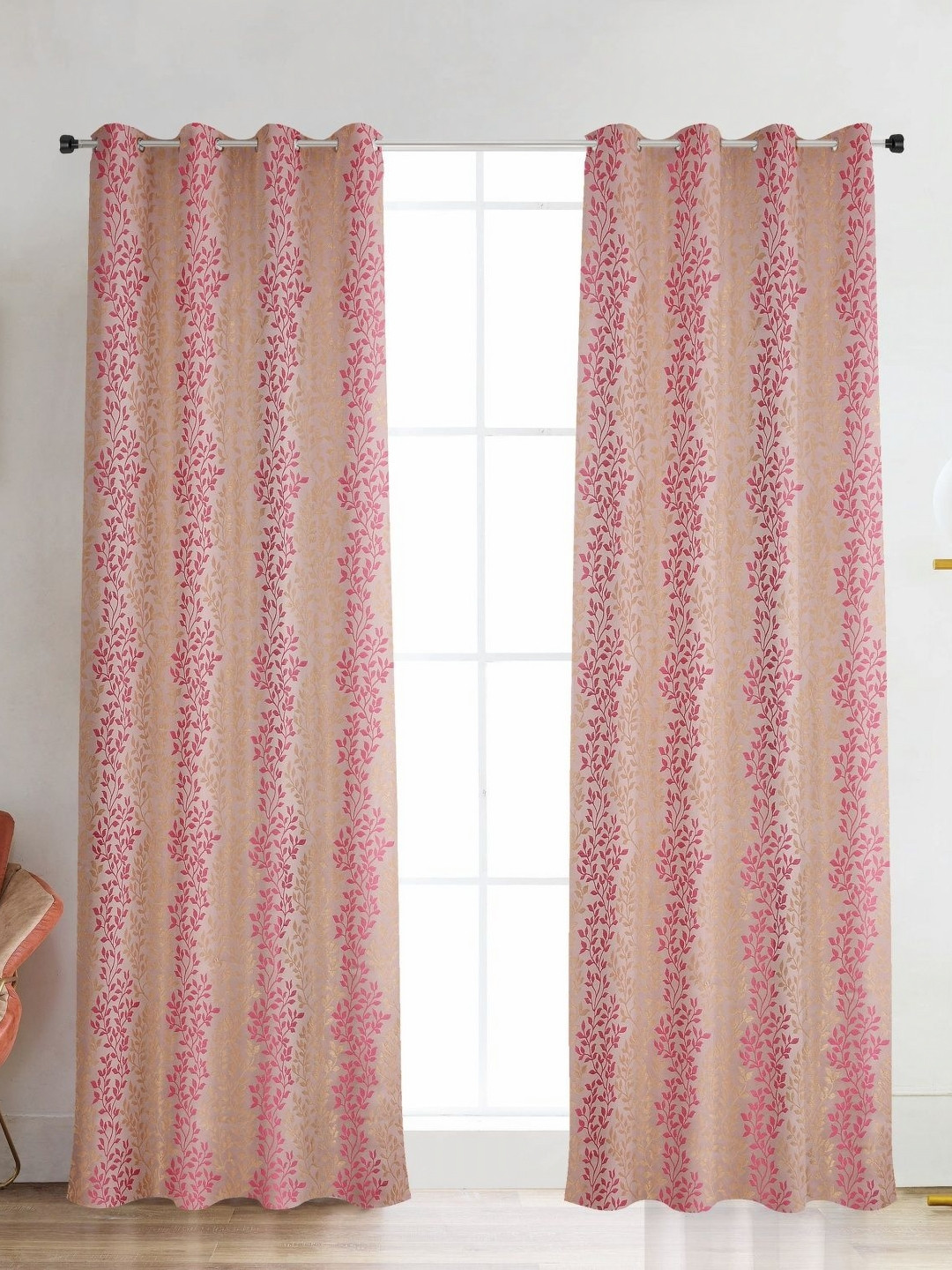 Galaxy Home Decor Peach-Coloured & Pink 2 Pieces Floral Room Darkening Long Door Curtains