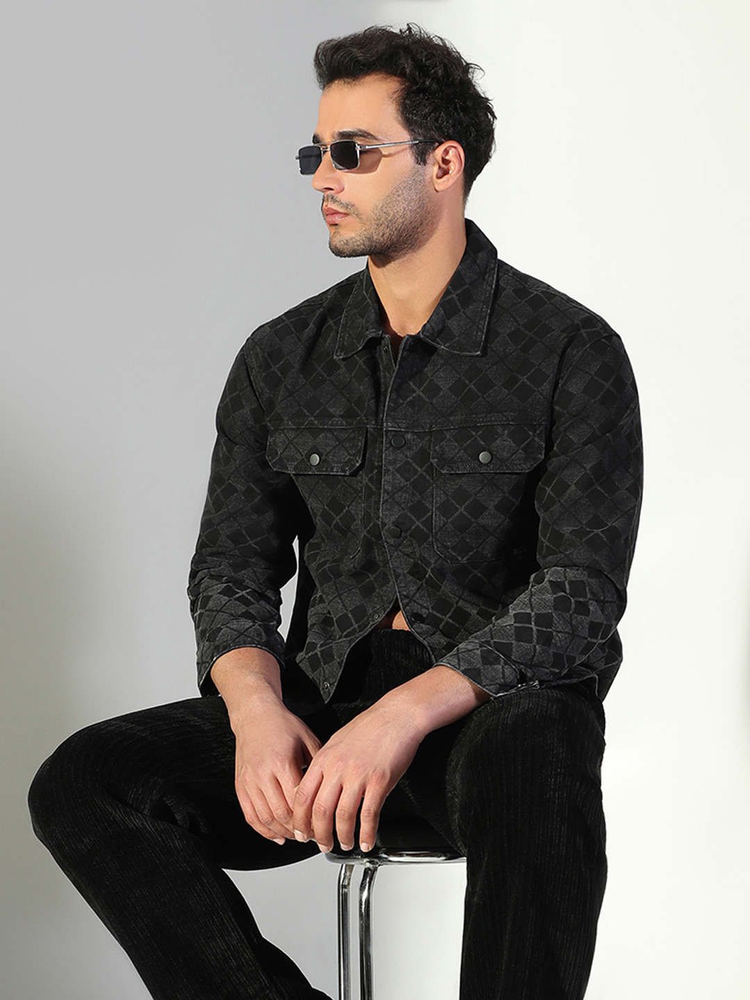 SHOWOFF Self Design Geometric Printed Spread Collar Denim Shacket