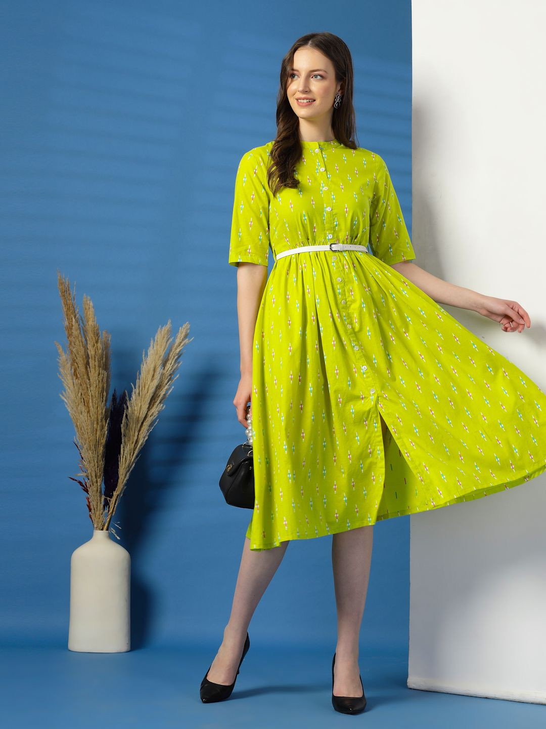 Ramas Women Cotton Shirt Midi Dress With Belted
