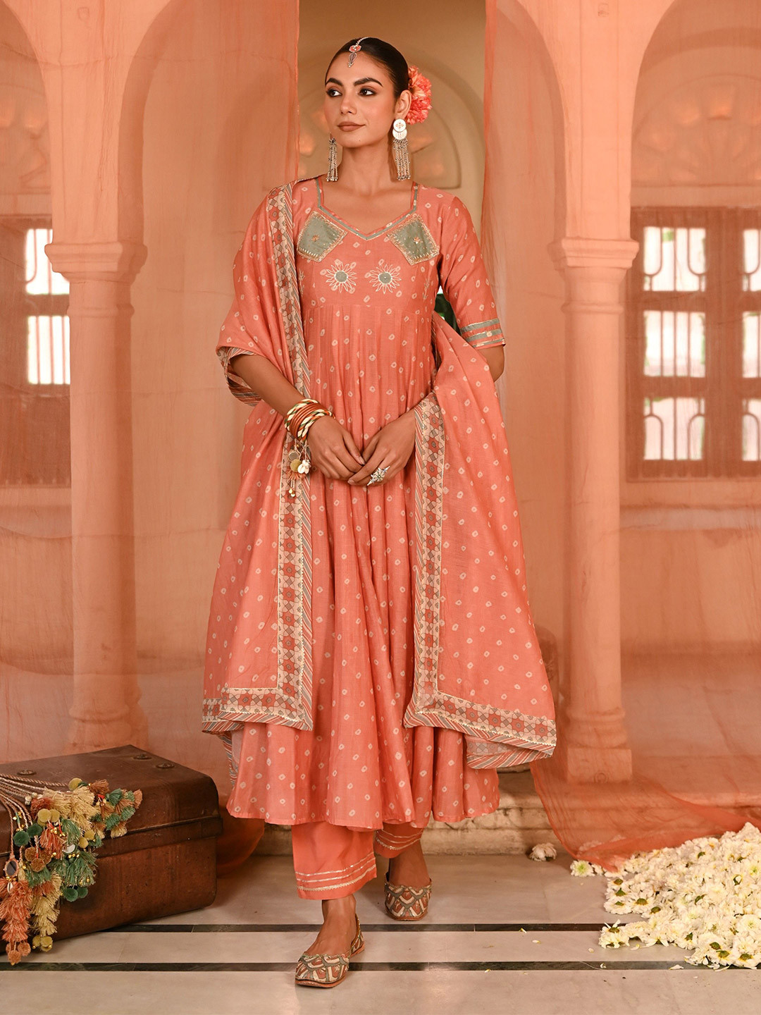 Baise Gaba Surajmukhi Bandhani Printed Gotta Patti Chanderi Cotton Anarkali Kurta Set