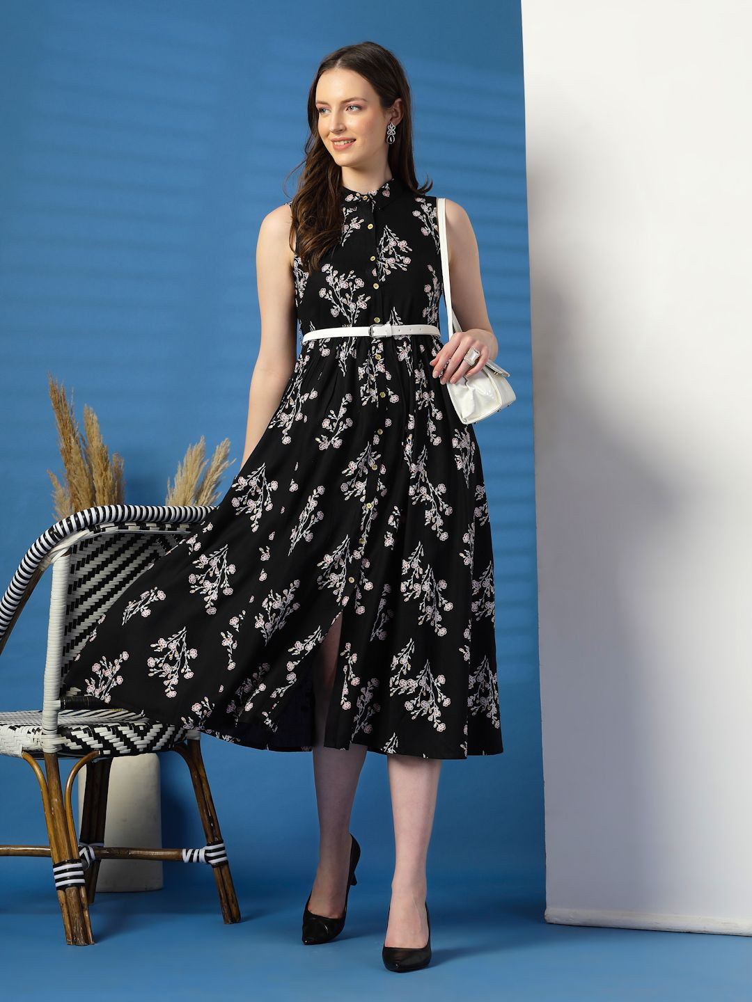 Ramas Women Floral Print Shirt Collar Midi Fit and Flare Dress With Belt