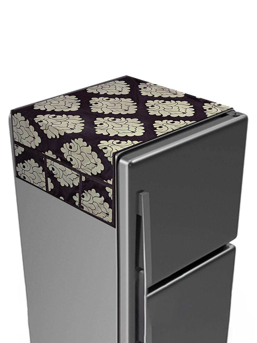 Kuber Industries Brown Foil Print Polyester Fridge Top Cover With 6 Utility Side Pockets