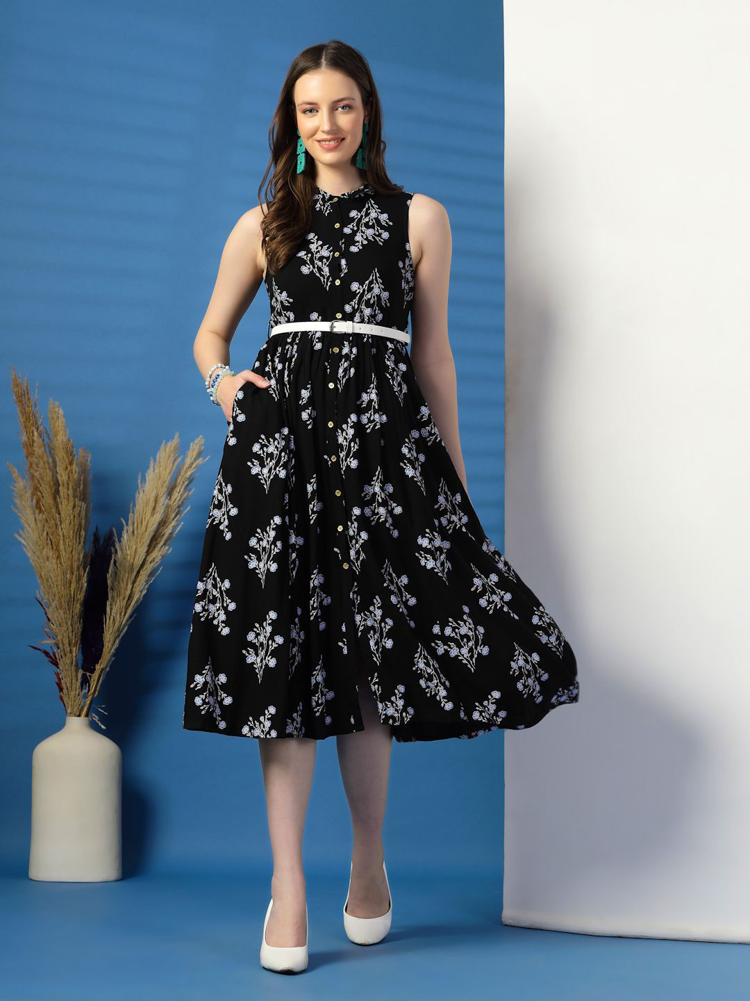 Ramas Women Floral Print Fit & Flare Shirt Collar Midi Dress