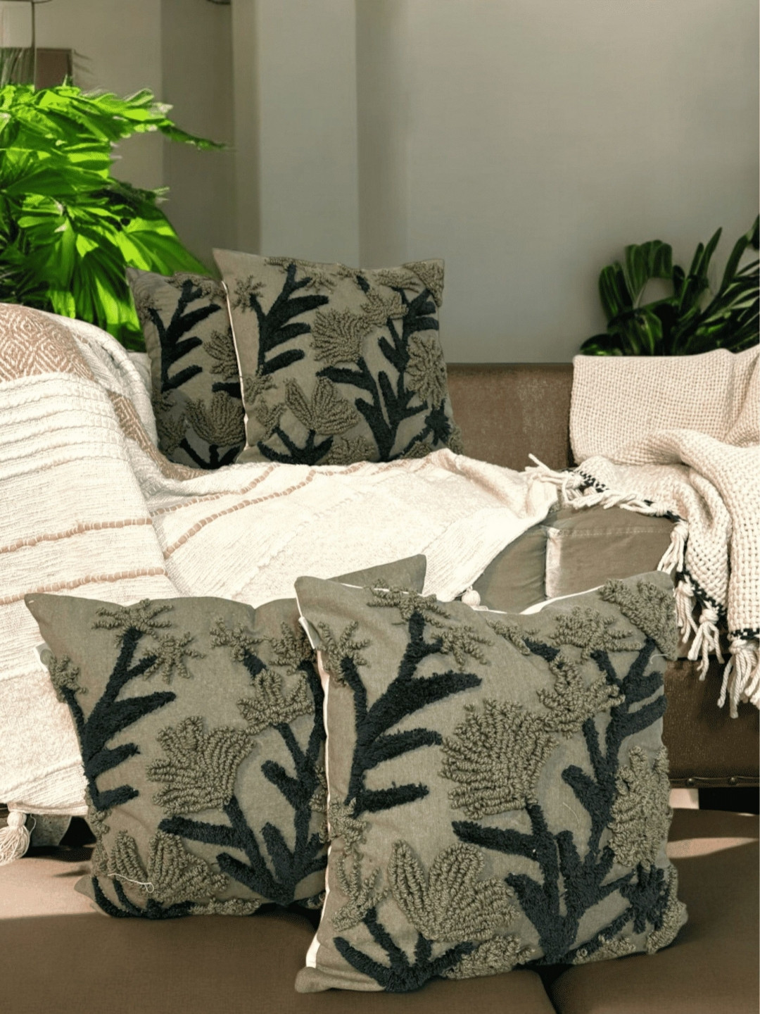 LUSHLYF High-Quality Green Quirky Cotton 4 Pcs Embroidered Square Cushion Covers -18x18In