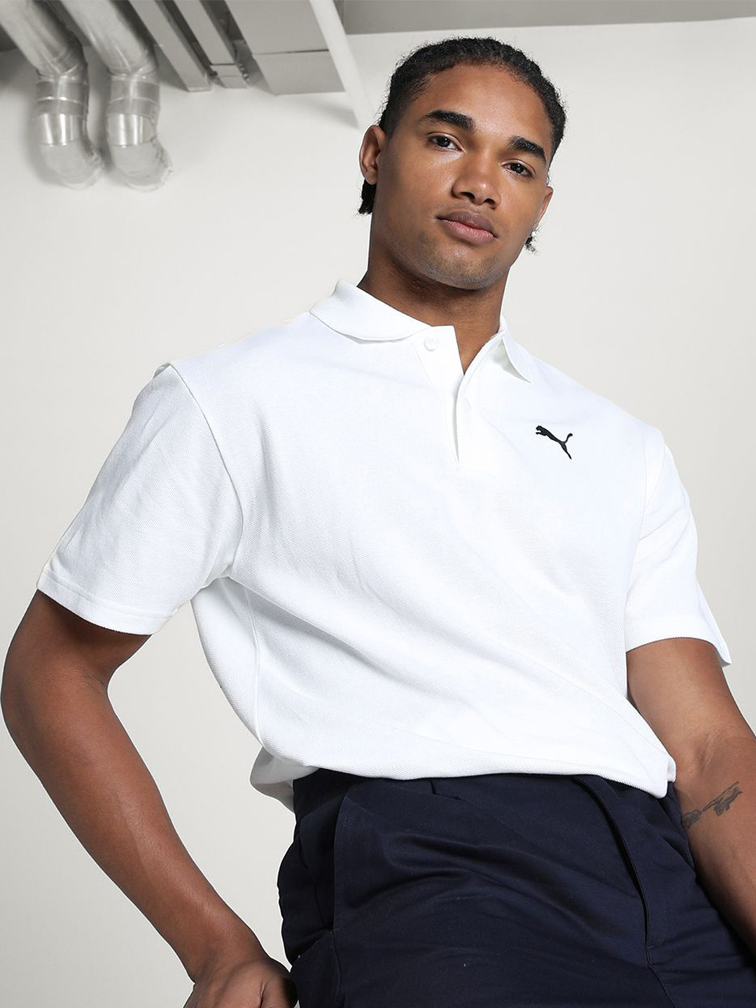 PUMA Men WARDROBE Essentials Solid Cotton Relaxed Fit Polo Collar T-Shirt