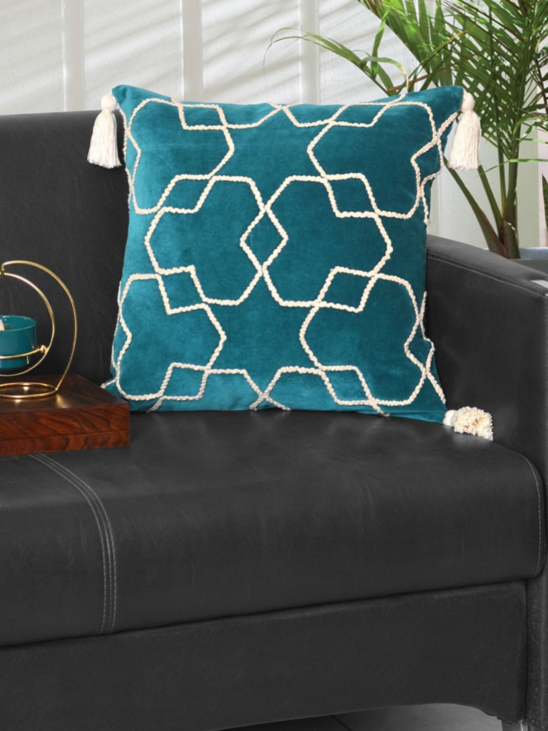 Ode & Cleo Abstract Turquoise Blue Abstract Cotton Embroidered Cushion Cover -18x18In
