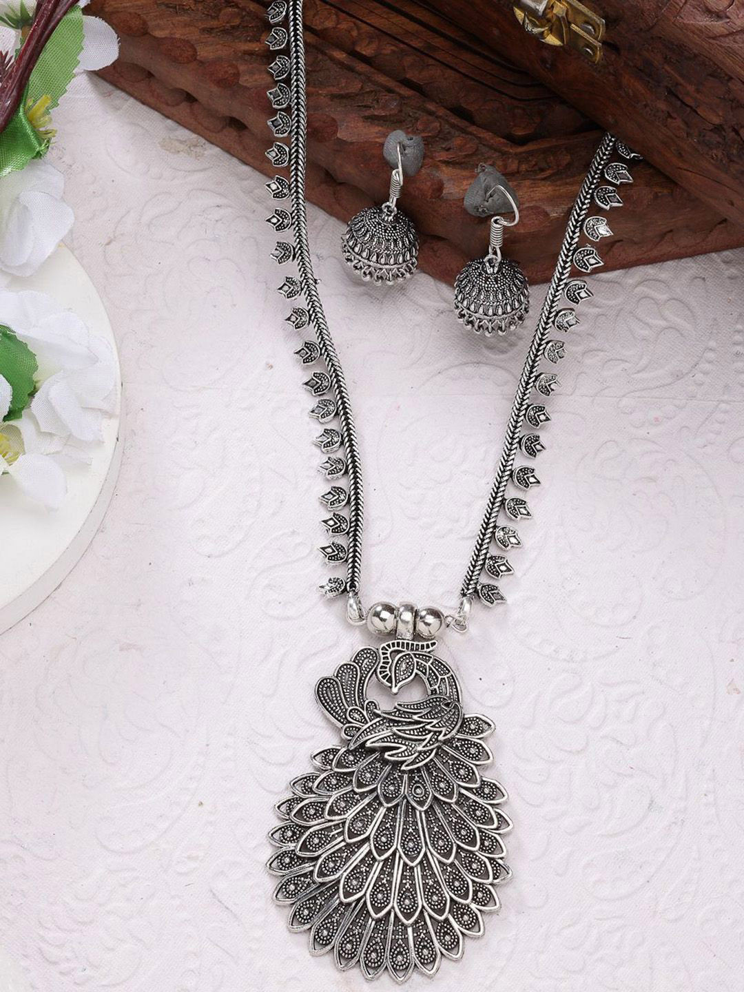 Sangria Women Silver-Toned Peacock Design Oxidized Necklace with Jhumka Earrings