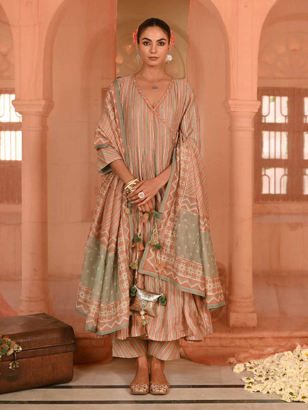 Baise Gaba Striped V-Neck Gota Patti Chanderi Cotton Anarkali Kurta With Trouser & Dupatta