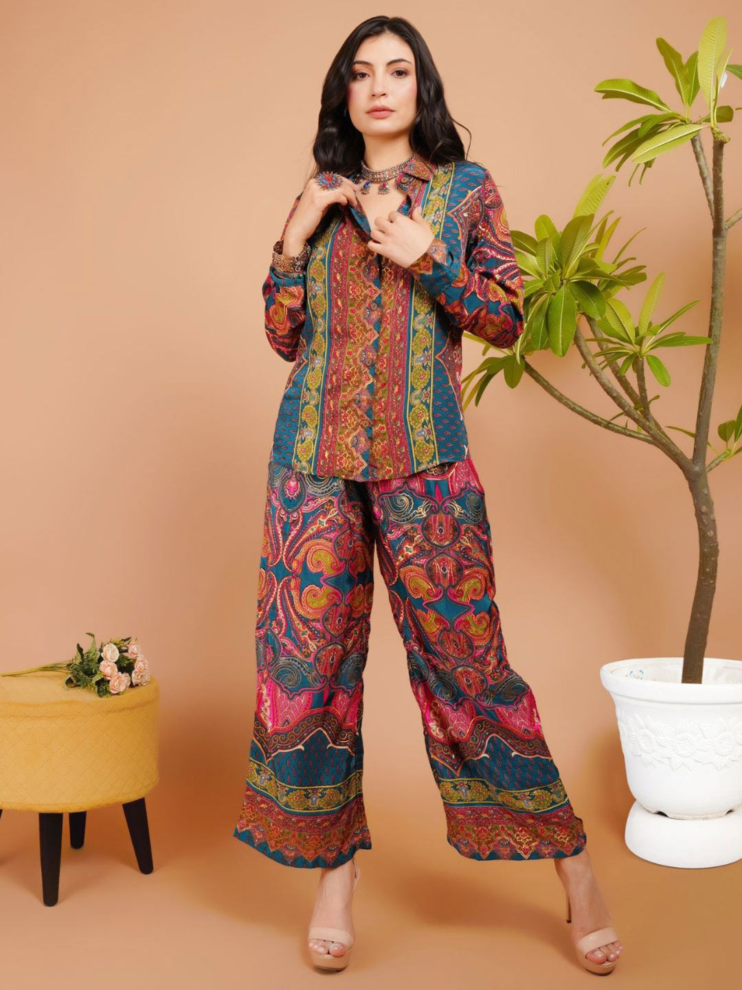 Boholyfe Teal Radiance Printed Boho Shirt With Trouser
