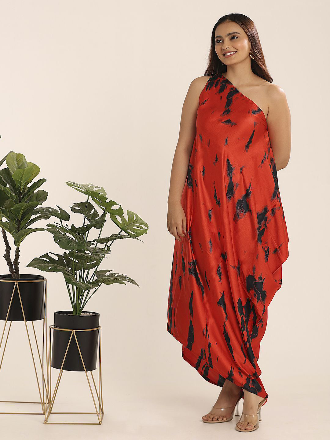 THE BLESSED WARDROBE Printed One Shoulder Asymmetric Hem Maxi Dress