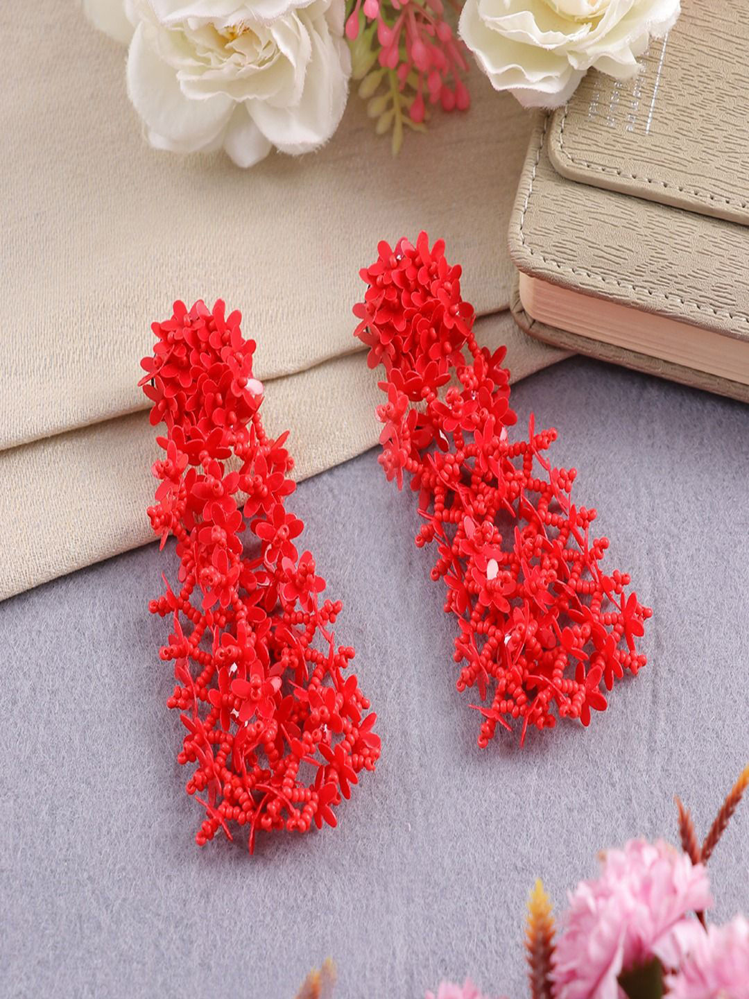 Sangria Gold-Plated Floral Shaped Tasselled Dangle Artificial Beads Drop Earrings