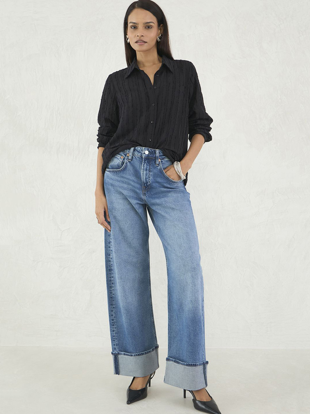 FEMMELLA Women Textured Button Down Shirt Style Top