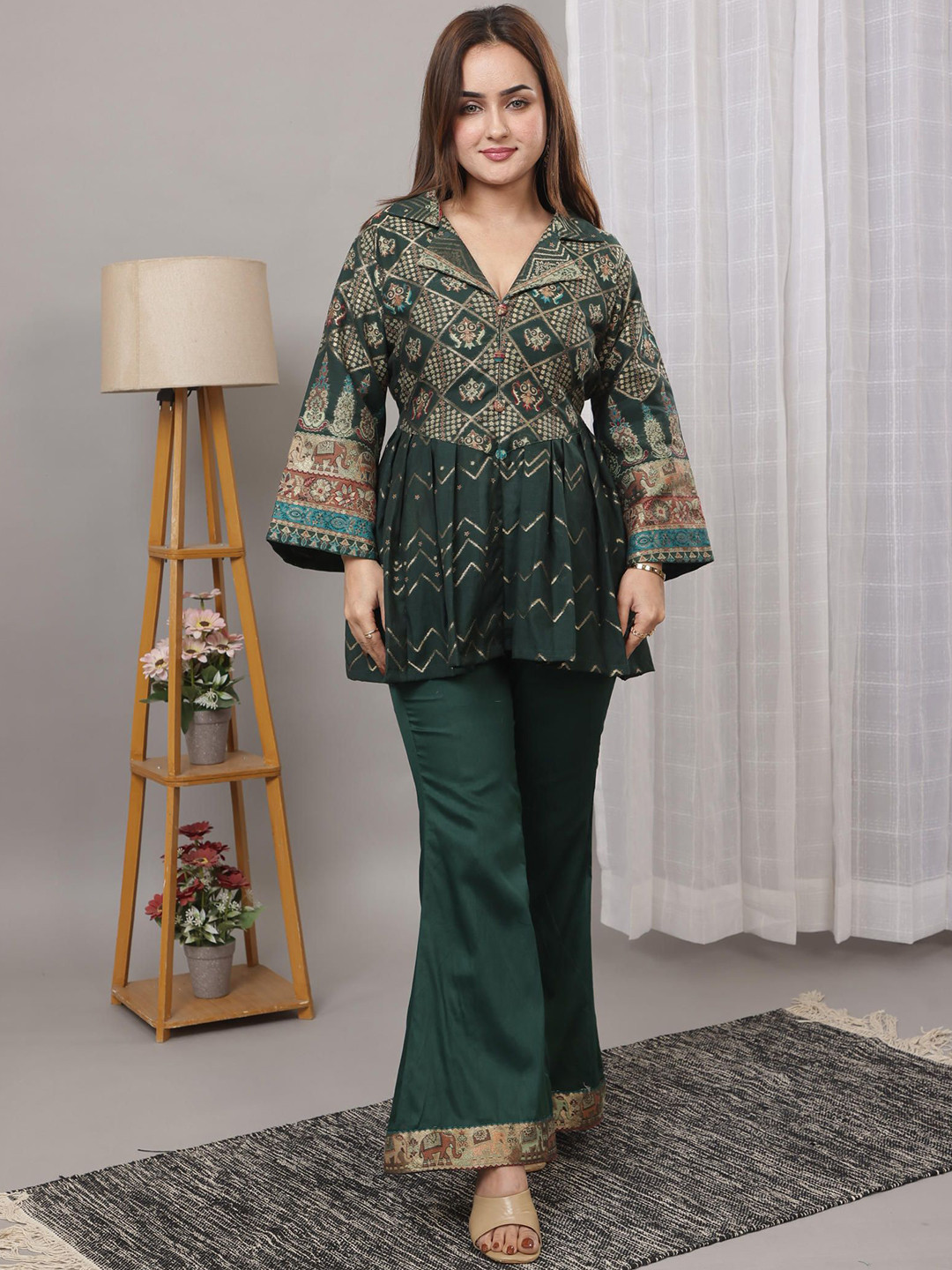 KIDAR Ethnic Motifs Printed Lapel Collar Top With Trousers