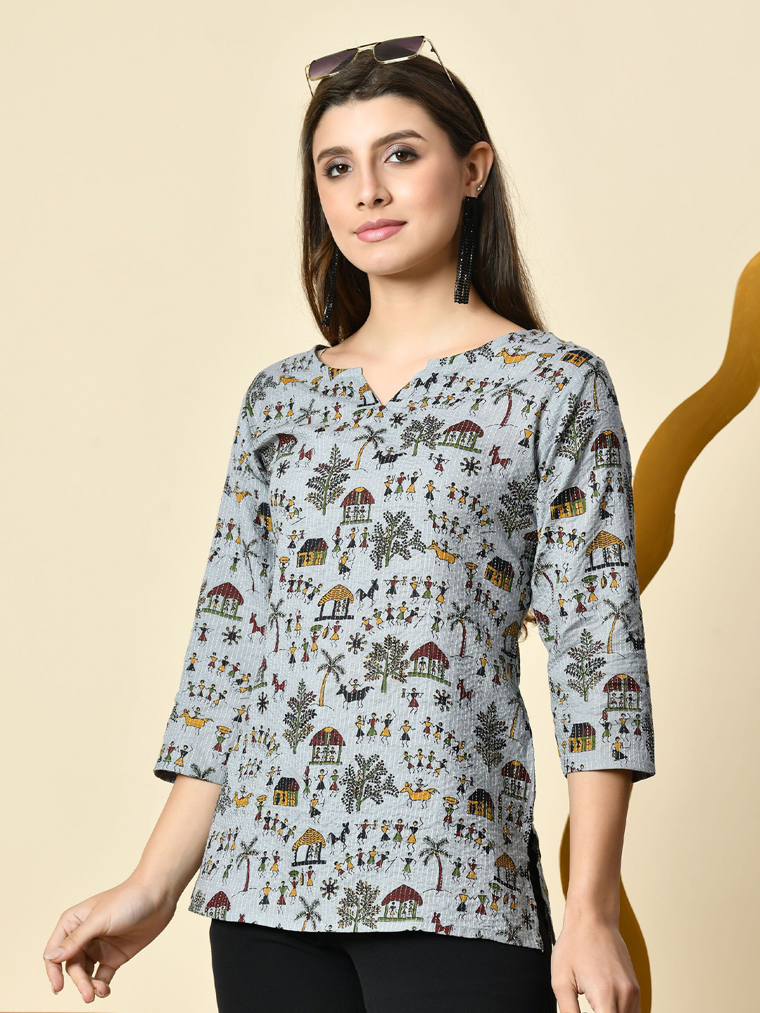 ao services Printed Kantha Embroidered Cotton Tunic