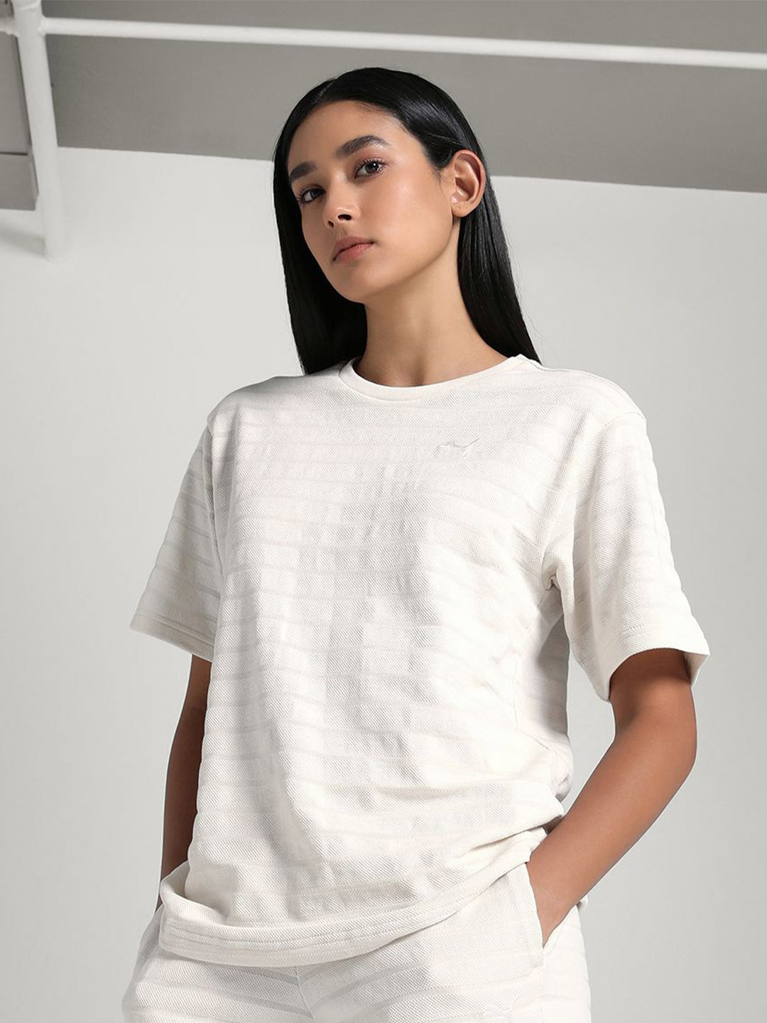 Puma Elevated Women Structured Self Design Relaxed Fit Cotton T-shirt