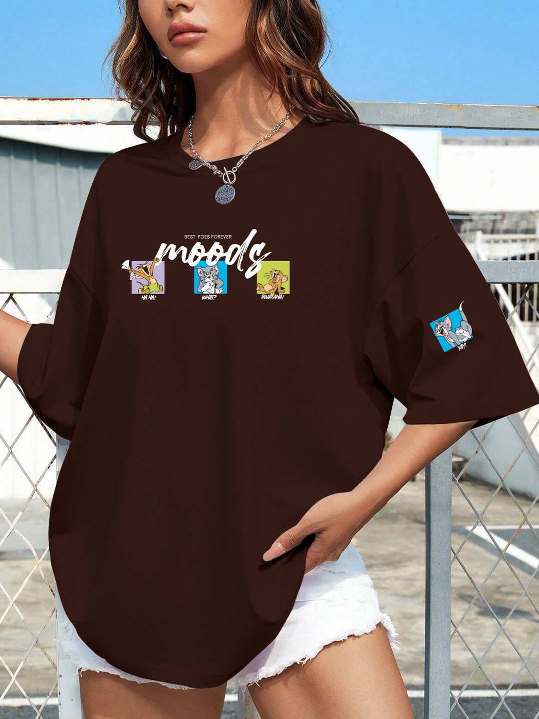TOGS & TERRE Women Tom & Jerry Graphic Printed Round Neck Cotton Oversized T-shirt