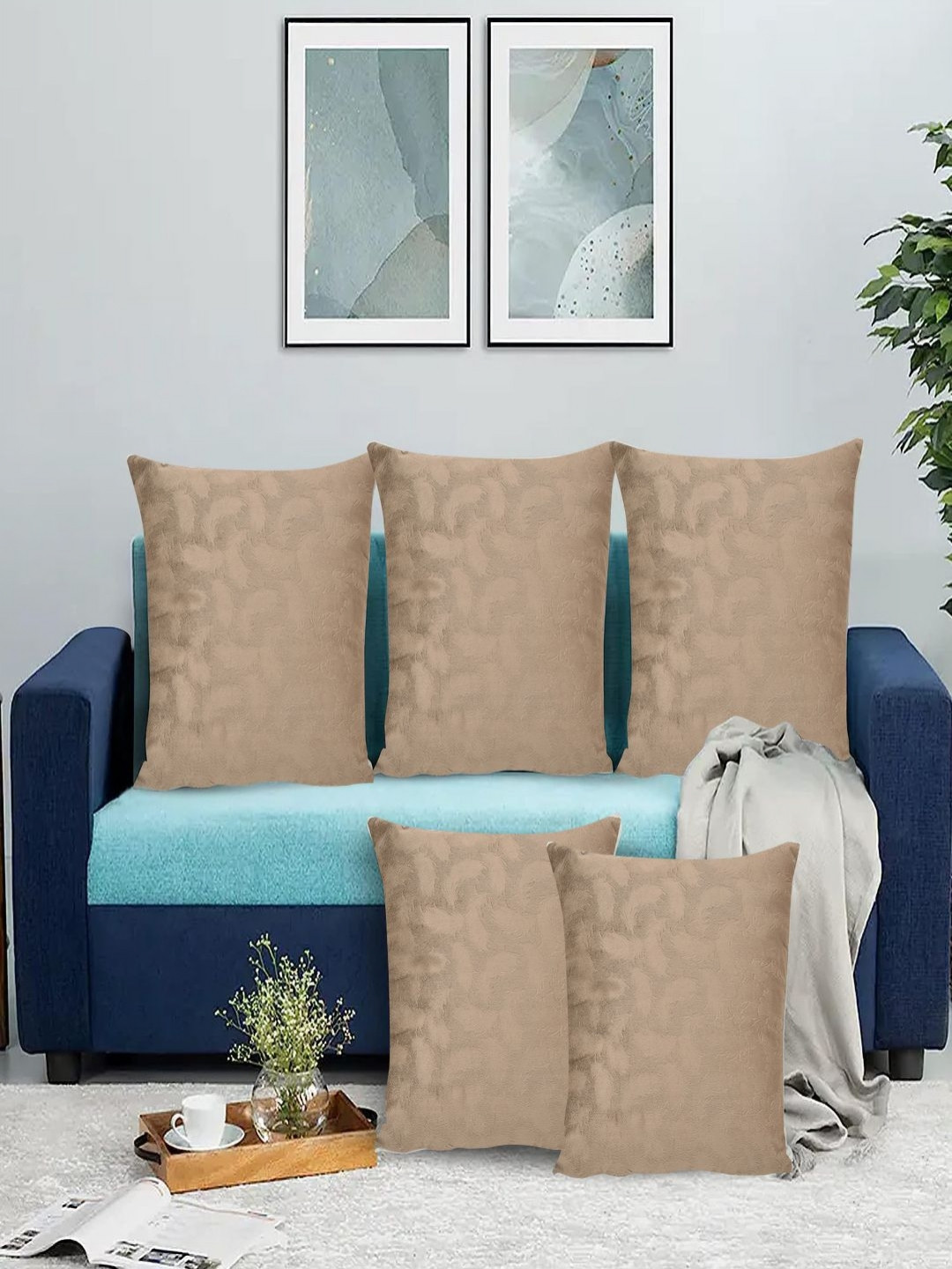 RRC High-Quality Geometric Velvet Durable 5 Pcs Textured Square Cushion Covers -16x16In