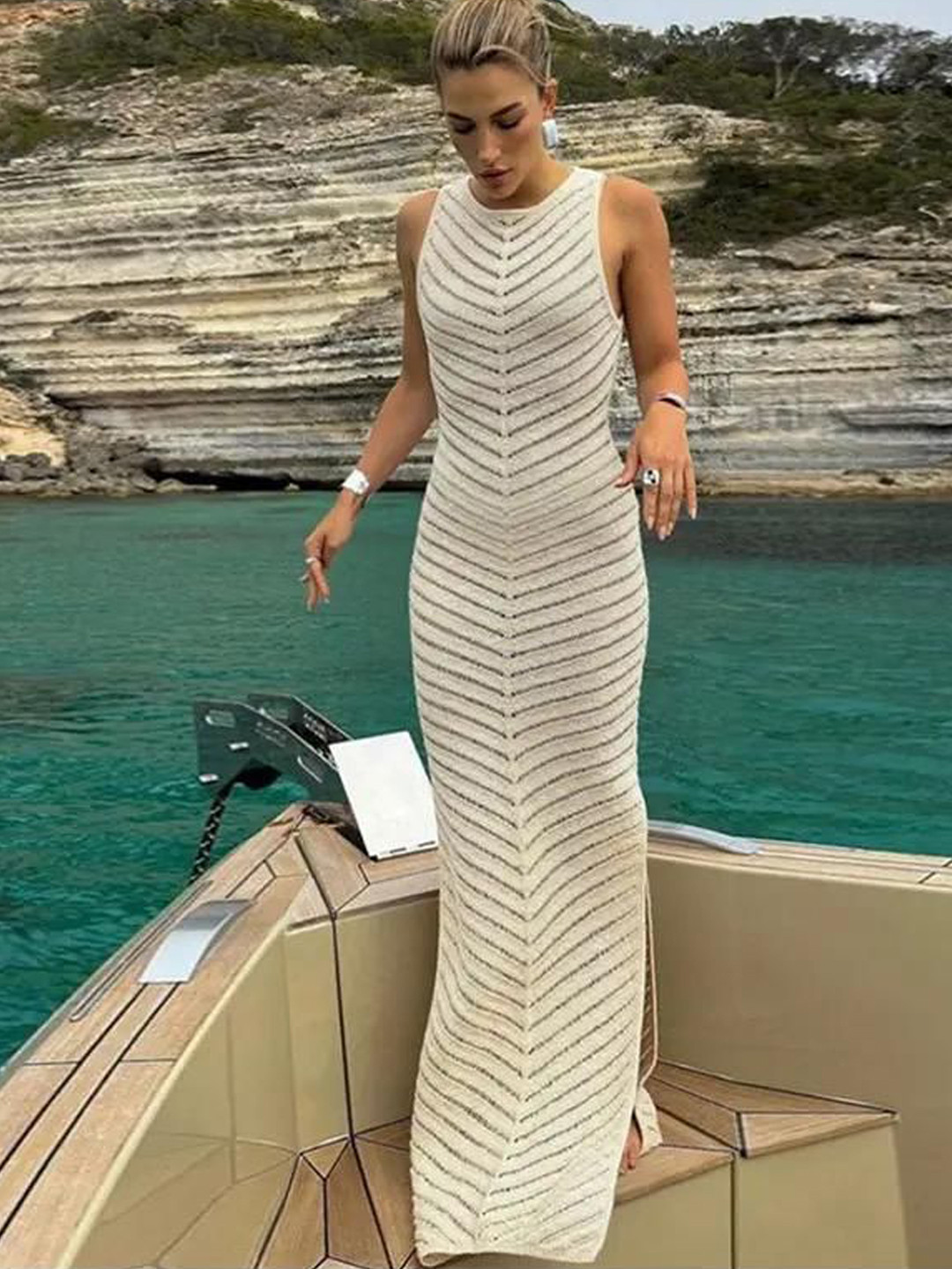 Miss Mosa By Akanksha  Off White Orit Luxe Soft Knit Dress- Resortwear