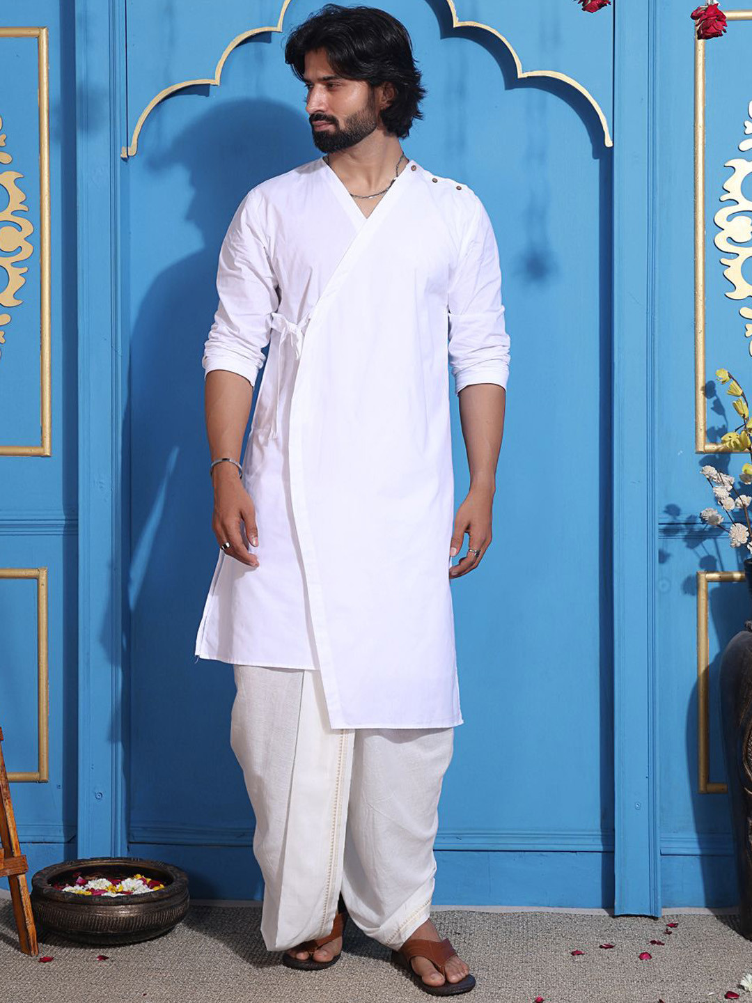 MIDAV Men Flared Sleeves Thread Work White Romance  Style Kurta