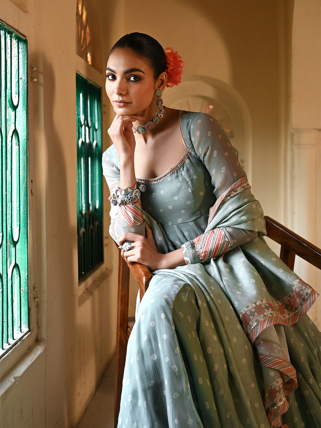 Baise Gaba Moti Mahal Bandhani Printed Gotta Patti Silk Chiffon Anarkali Set