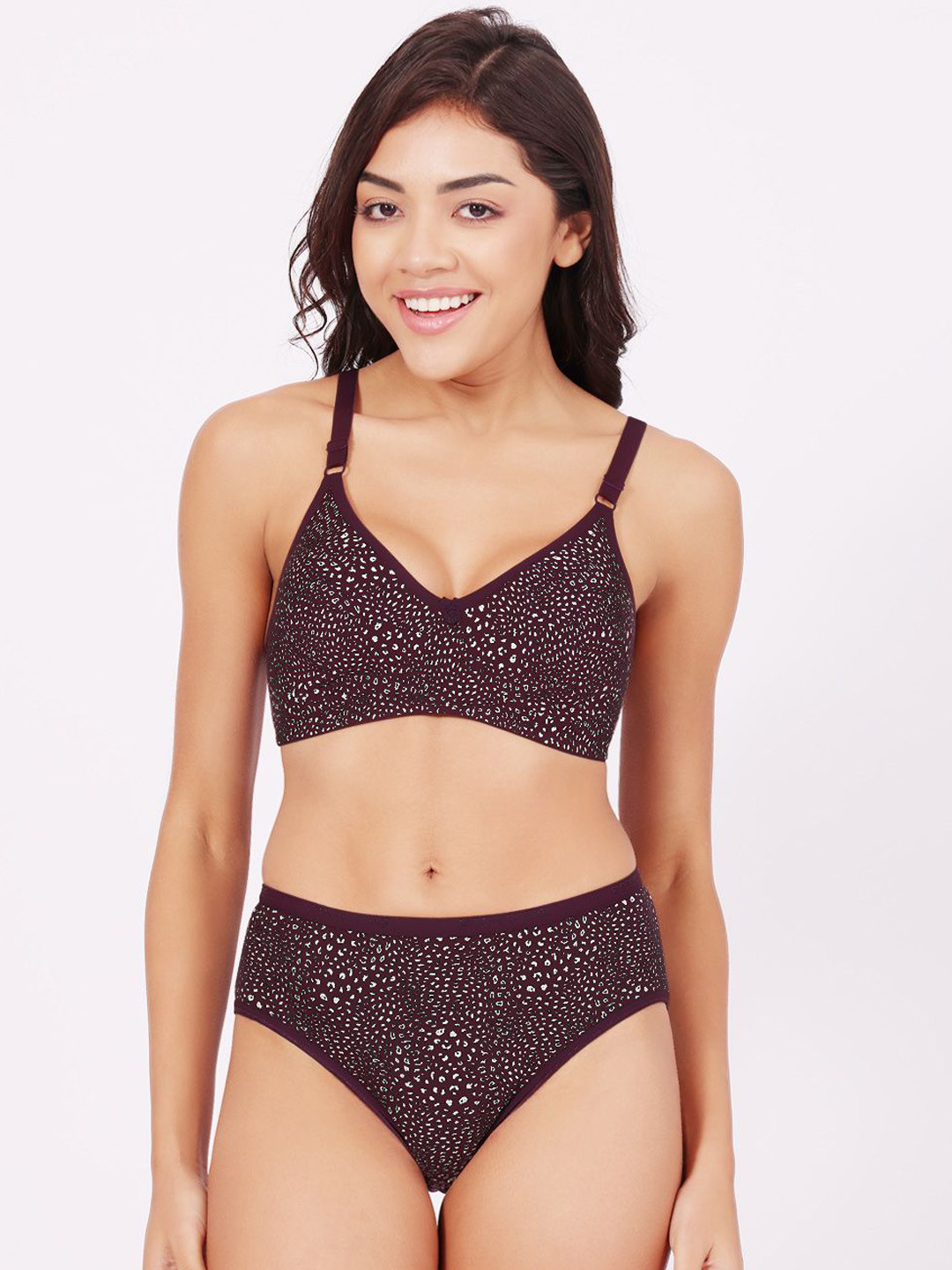 Bodycare Women Printed Combed Cotton Mid-Rise Non-Wiring Lingerie Set 6450G-WINE