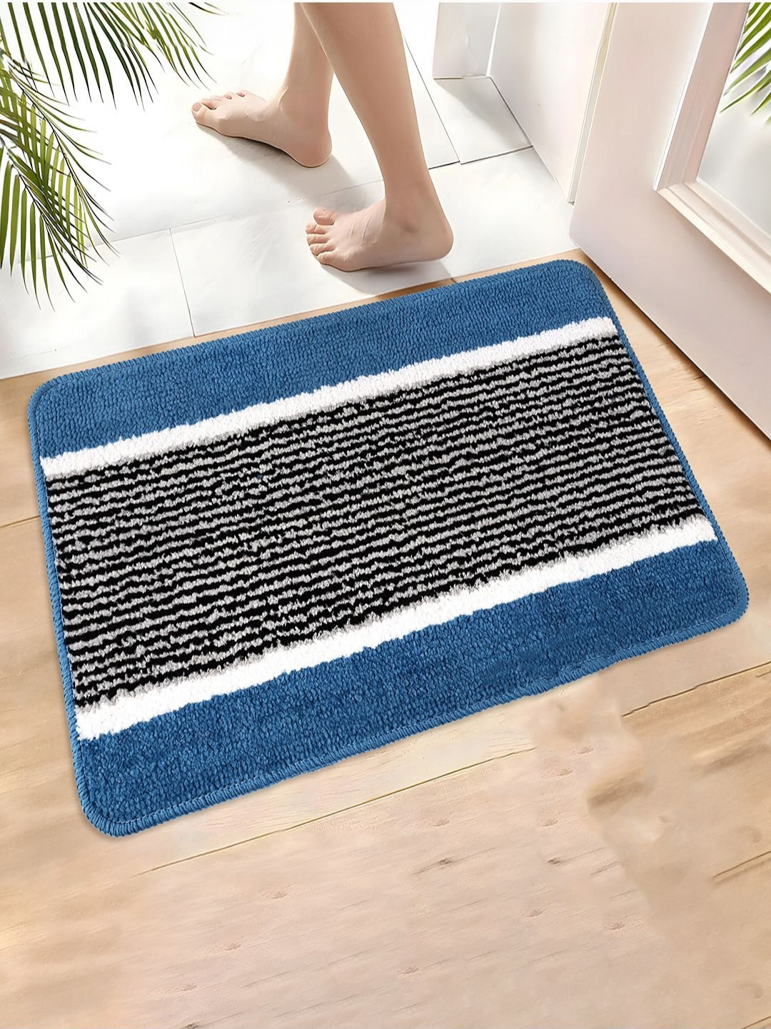 Aura Sky Blue & Black Anti-Skid Water-Absorbent Door Mats