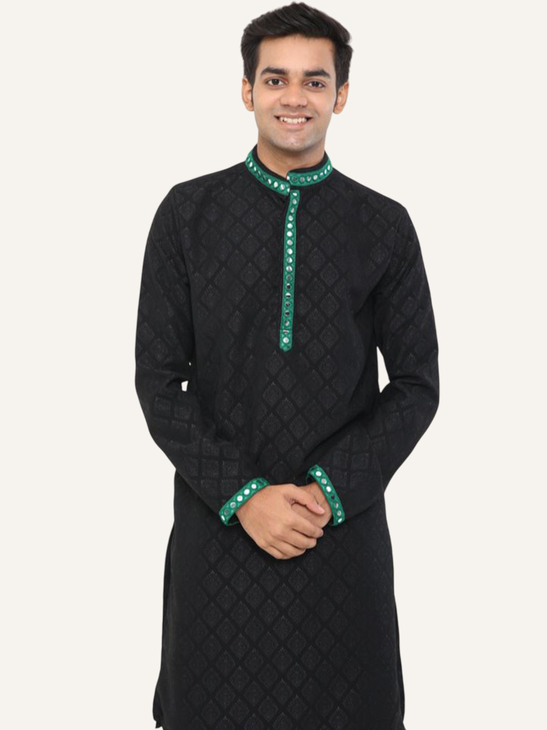 Style Matters Men Ethnic Motifs Printed Band Collar Mirror Work Detail Silk Straight Kurta