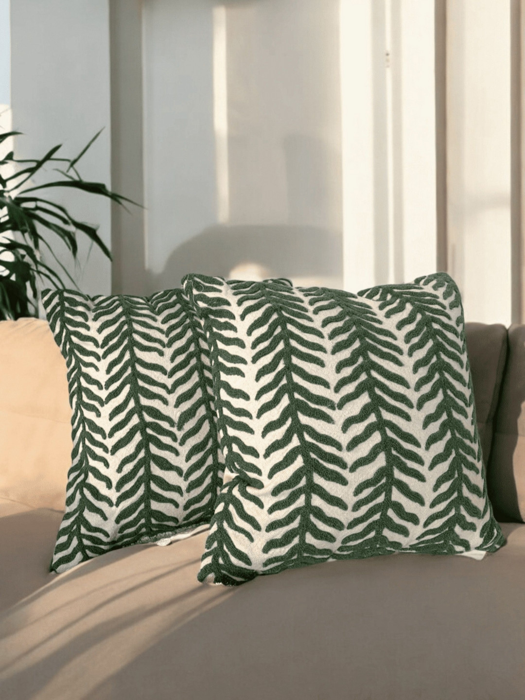LUSHLYF Tufted Green Embroidered Cotton Breathable 2 Piece Square Cushion Covers -18x18In